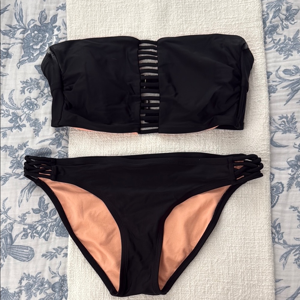 Cream and Black Strappy Bandeau Bikini